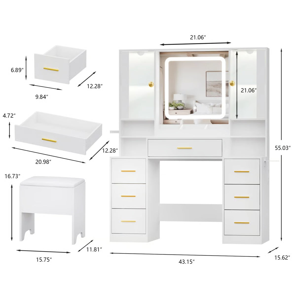 Large 7-Drawer Vanity Desk , Storage Stool, Cabinet, Charging Station and Hair Dryer Rack