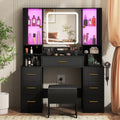 Large 7-Drawer Vanity Desk , Storage Stool, Cabinet, Charging Station and Hair Dryer Rack