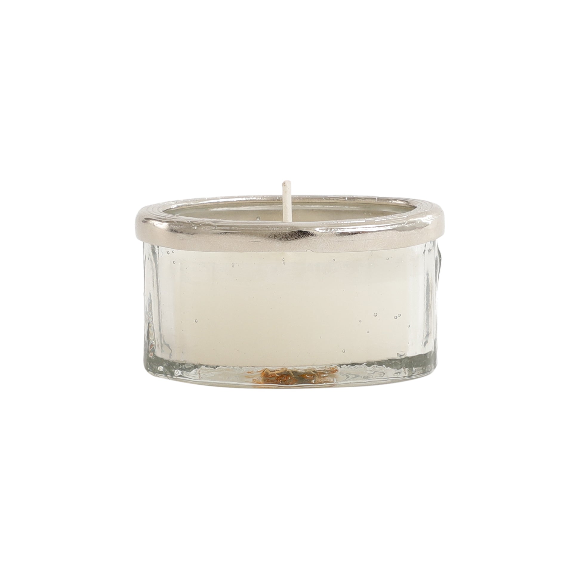 snowy whisper white scented candle jar with silver Ring