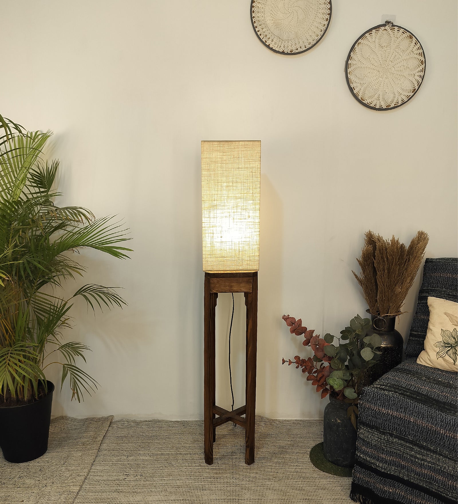Sputnik Wooden Floor Lamp with Brown Base and Beige Fabric Lampshade (BULB NOT INCLUDED)