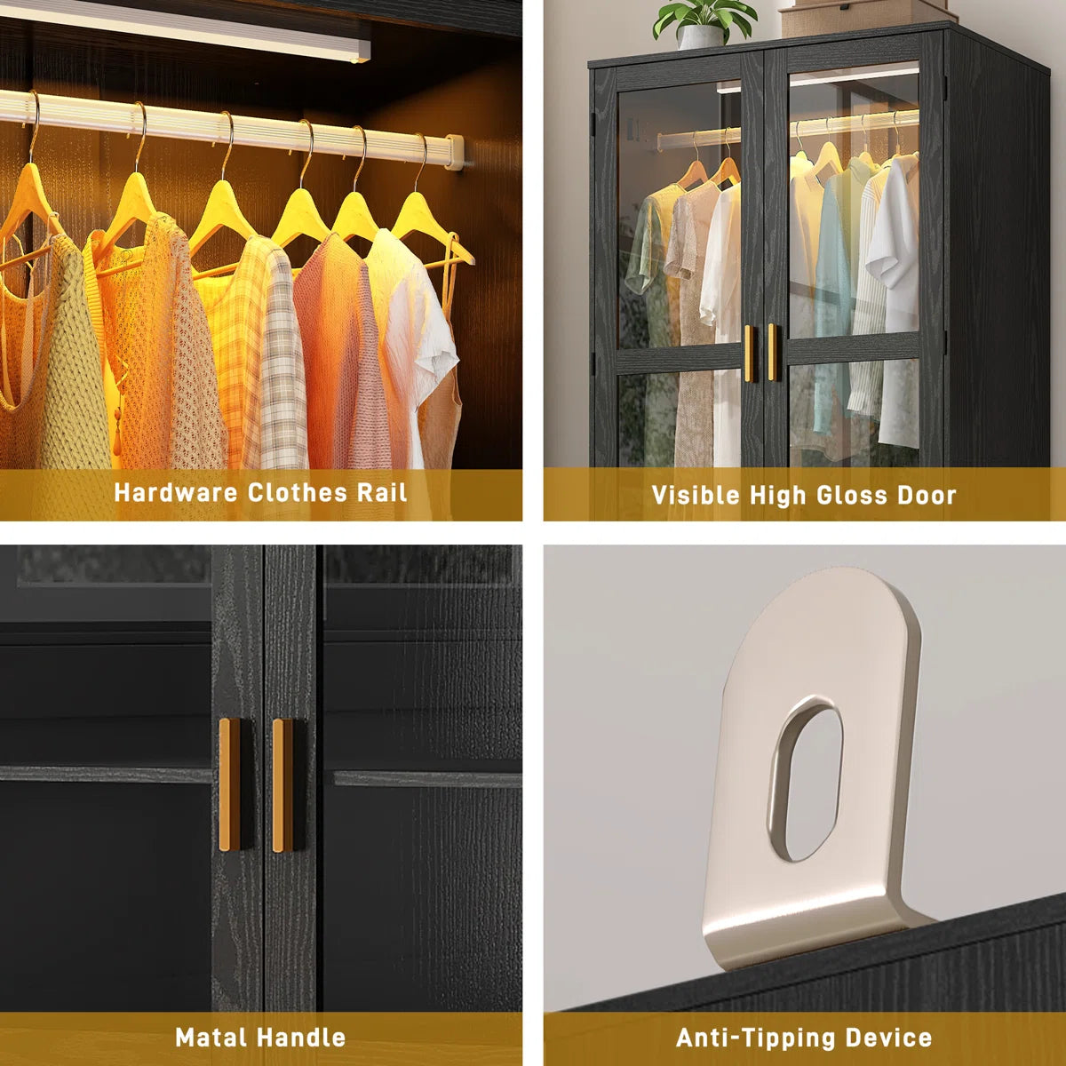 71" H 4-Door Armoire – Modern Wardrobe Closet with LED Sensor Lighting & Rod