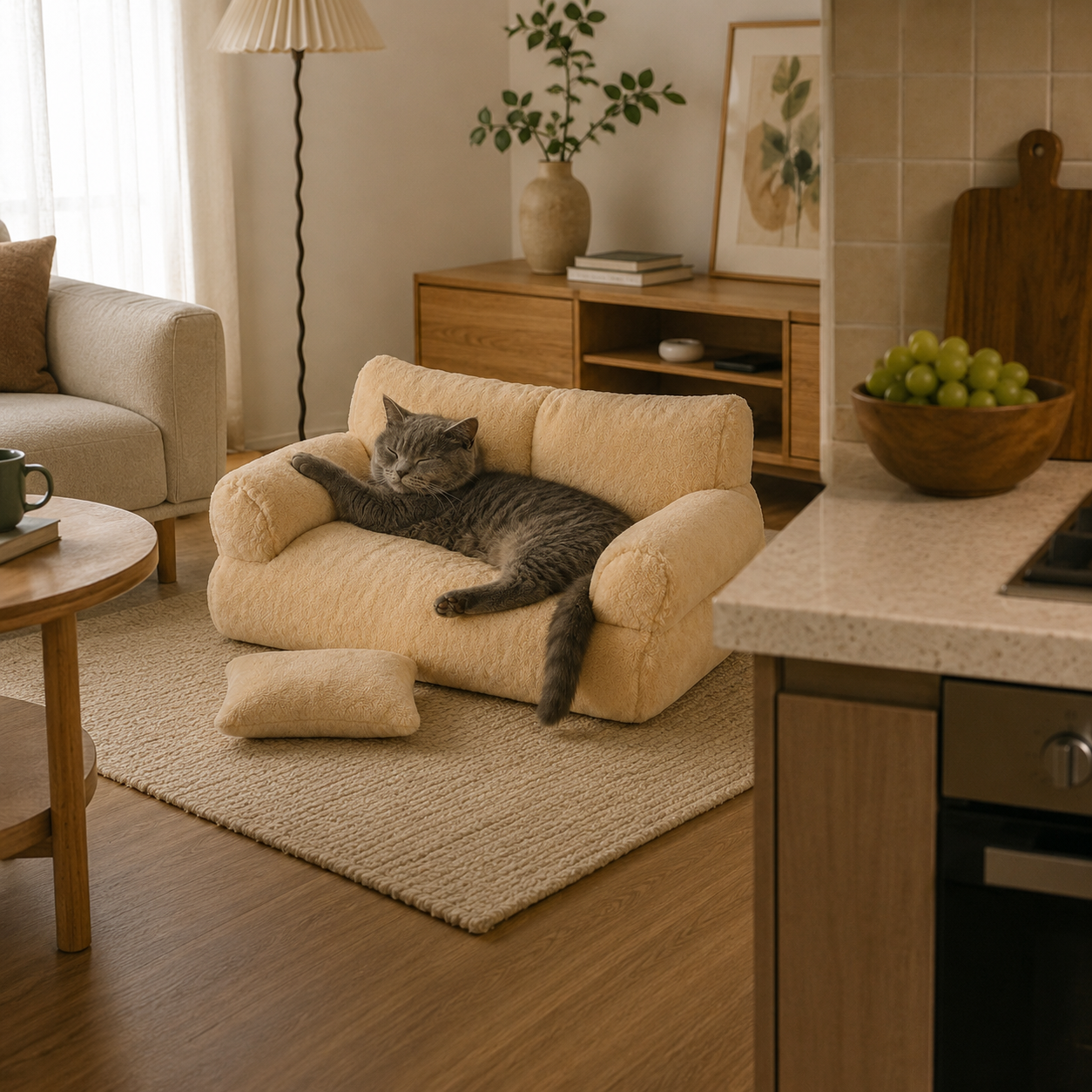 Luxury Plush Pet Sofa Bed with Cushion | Soft Teddy Fabric Dog & Cat Couch | Cozy Indoor Pet Bed for Small Dogs & Cats