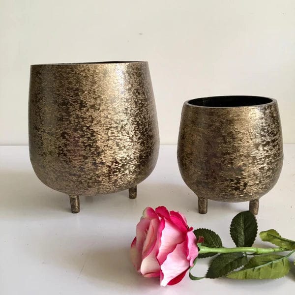 Handcrafted Antique Brown Brush Gold Finish Planters Set of 2
