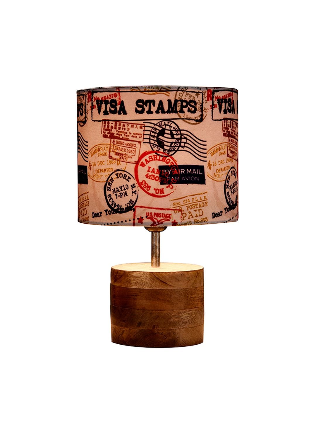 Wooden Brown Log Table Lamp with Multiple Stamps Shade