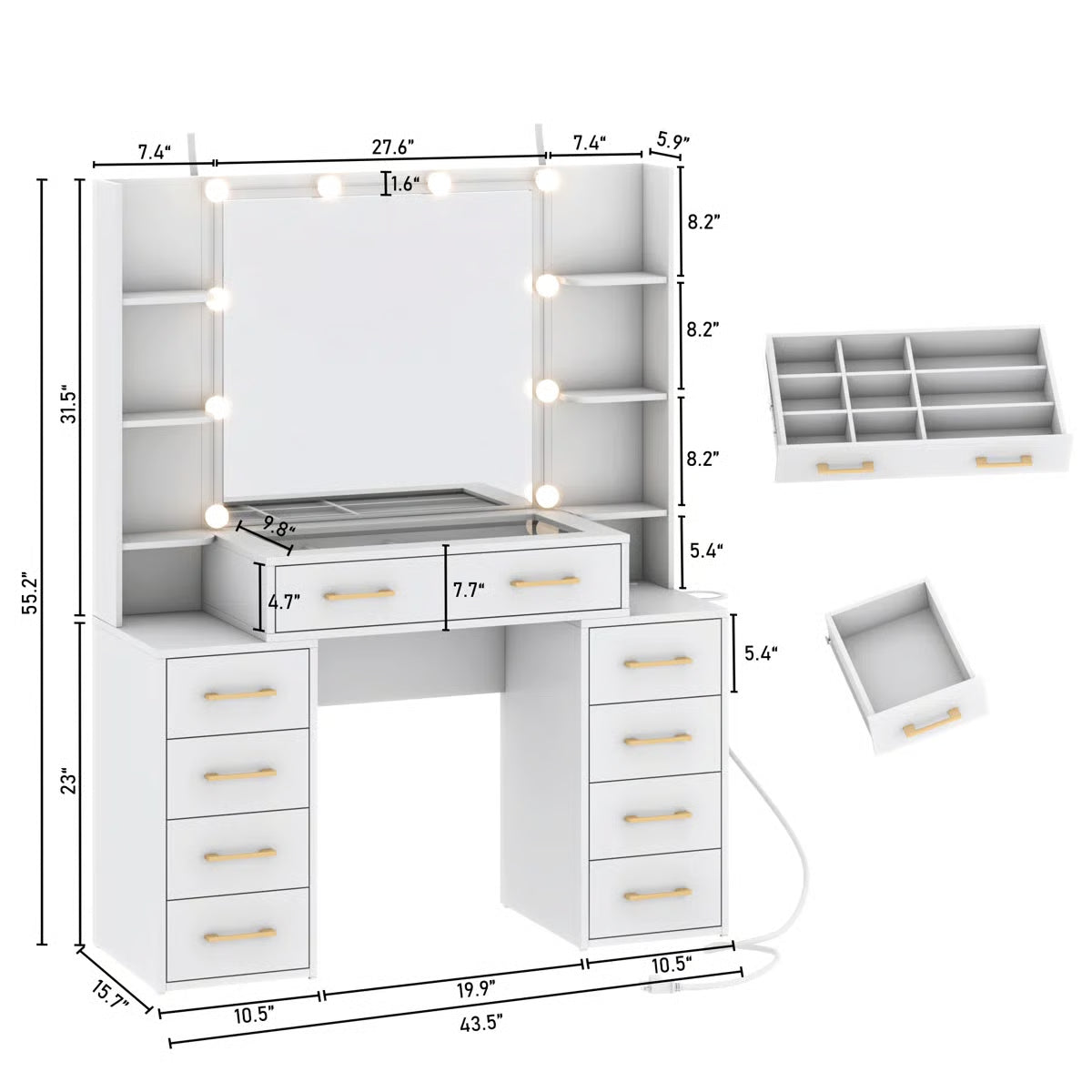 Tempered Glass Vanity Desk with LED Lights, Mirror, and Built-In Charging Station-OUCH CART |Dressing table