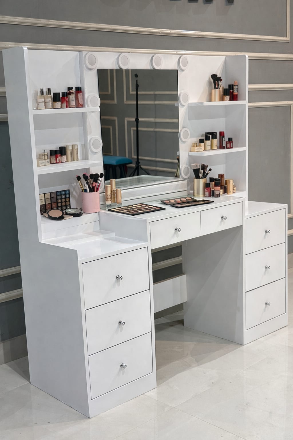 Luxury White Makeup Vanity Table with LED Mirror & Storage Drawers | Professional Dressing Unit