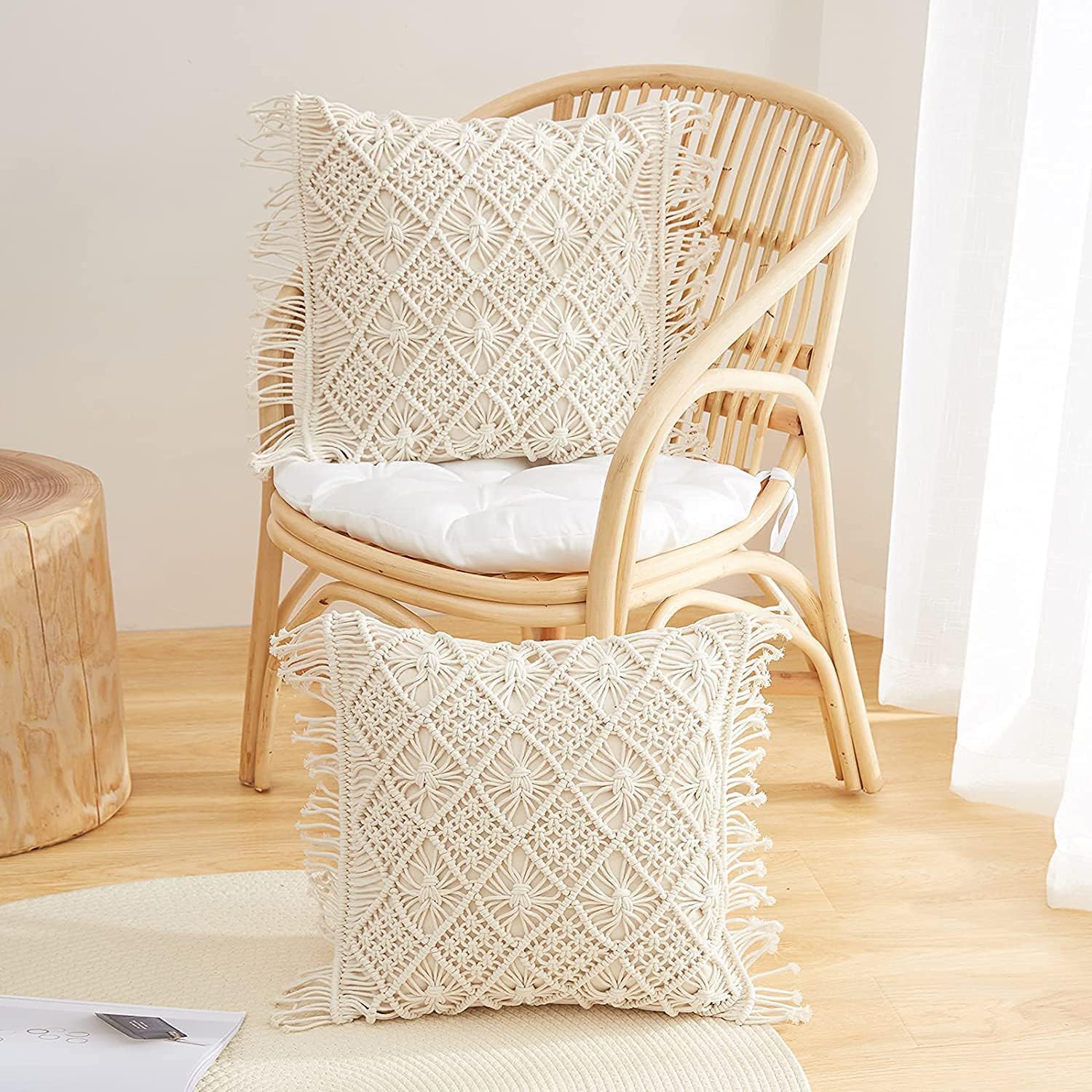 Off-White Cotton Macrame Cushion Cover, 16 x 16 Inch, Bohemian Design
