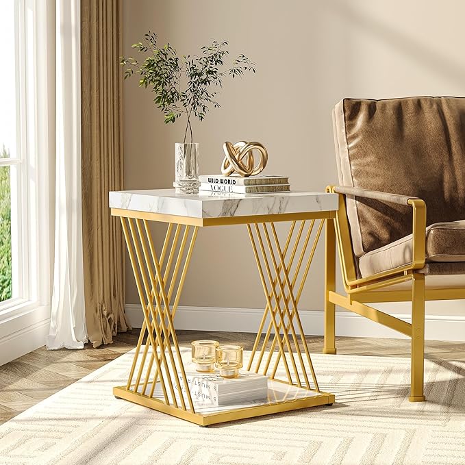 Tribesigns Faux Marble End Table White Gold, 2-Tier Small Side Table with Metal Frame, Bedside Table for Sofa, Couch, Living Room
