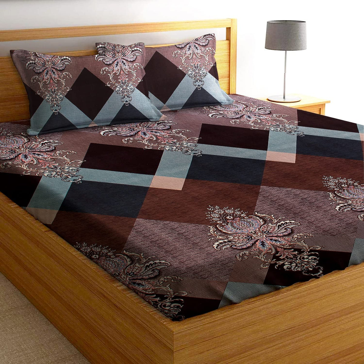 Glace Cotton Double Queen Bedsheet with 2 Pillow Covers | Ethnic Motif Print, Flat Sheet for Summer