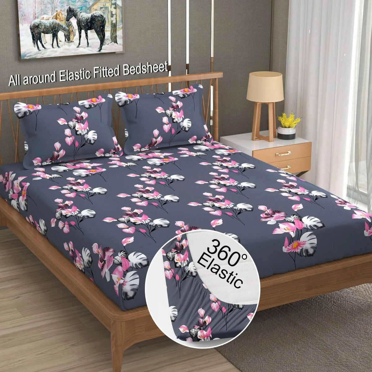 Floral Glace Cotton Elastic Fitted Bedsheet for Double King Bed | 72 × 78 × 8 Inches | 280 TC | 2 Pillow Covers
