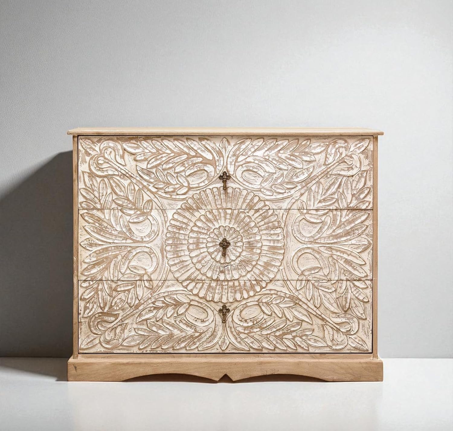 Carved Wooden Chest of Drawers – Rustic 3-Drawer Storage Cabinet for Bedroom & Living Room