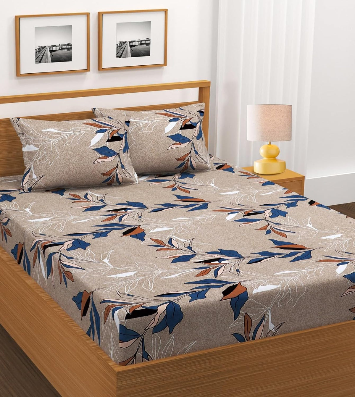 Trending Fitted Elastic Cotton Double King Bedsheet with 2 Pillow Covers | 220 Thread Count | Botanical Floral Print | All-Around Elastic Fit | Fits Up to 8 Inch Mattress | Summer Bedsheet