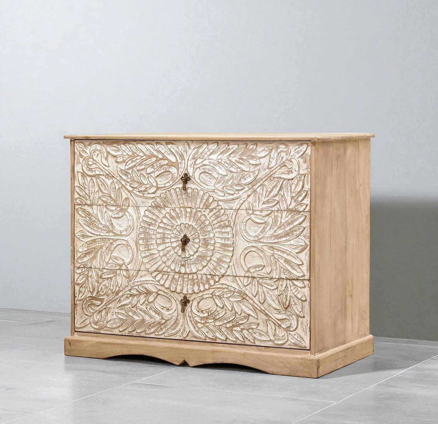 Carved Wooden Chest of Drawers – Rustic 3-Drawer Storage Cabinet for Bedroom & Living Room