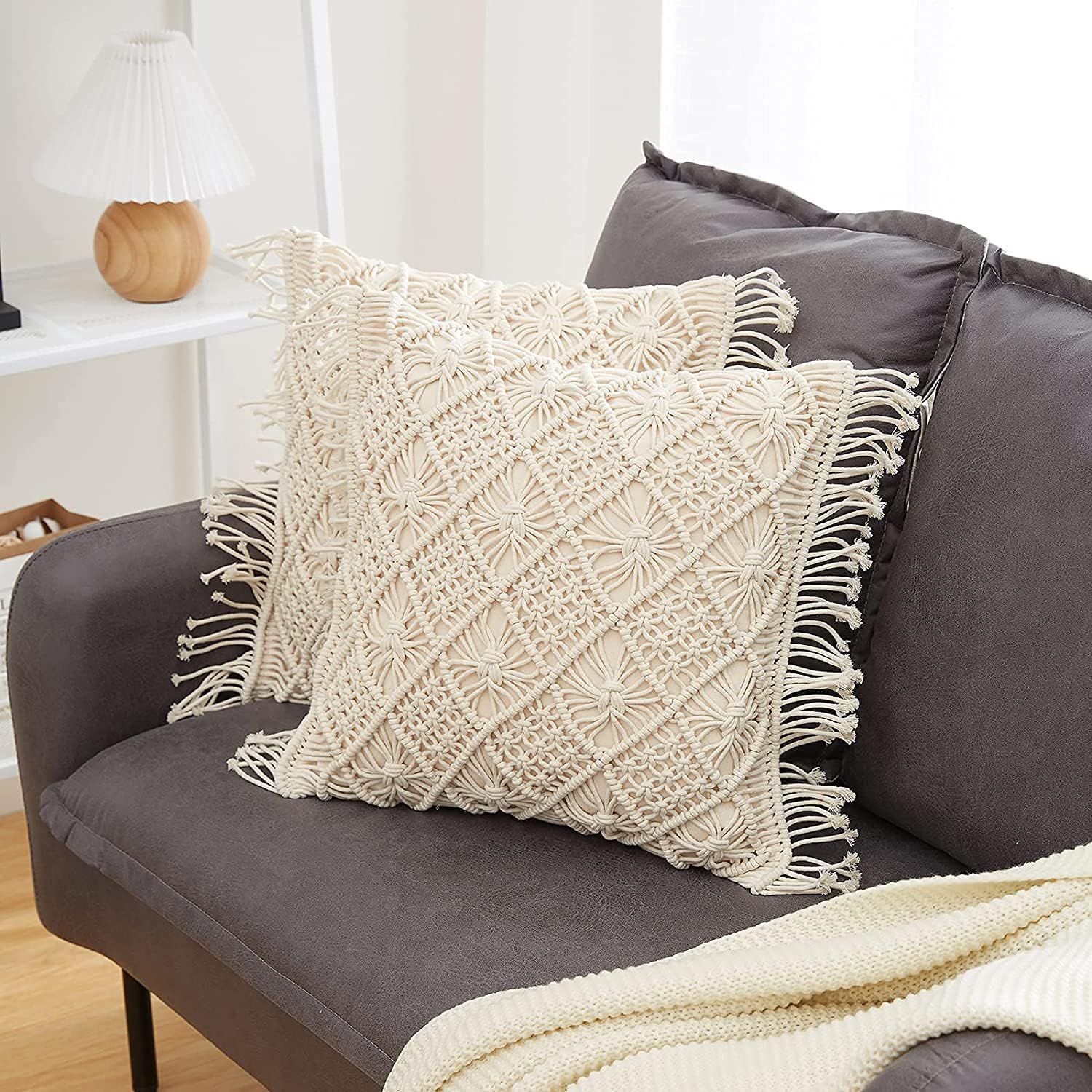 Off-White Cotton Macrame Cushion Cover, 16 x 16 Inch, Bohemian Design