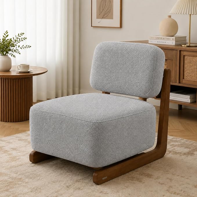 Ouch Cart Modern Cream Bouclé Lounge Chair with Wooden Frame | Cozy Accent Chair