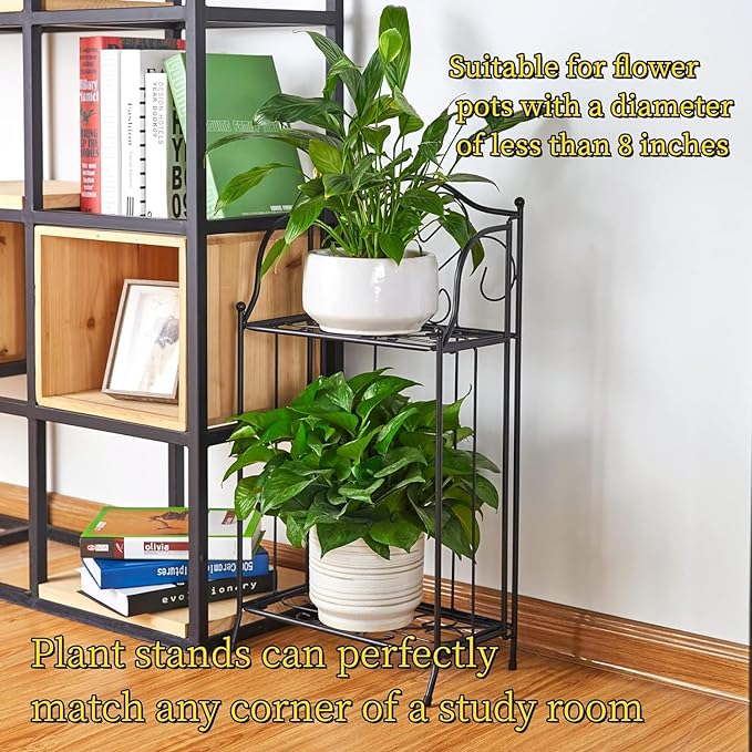2 Tier Metal Plant Stand Scrollwork Design Indoor and Outdoor Flower Rack Pot Shelf Home Storage Organizer Shelf, Black (Plain Plant Stand)