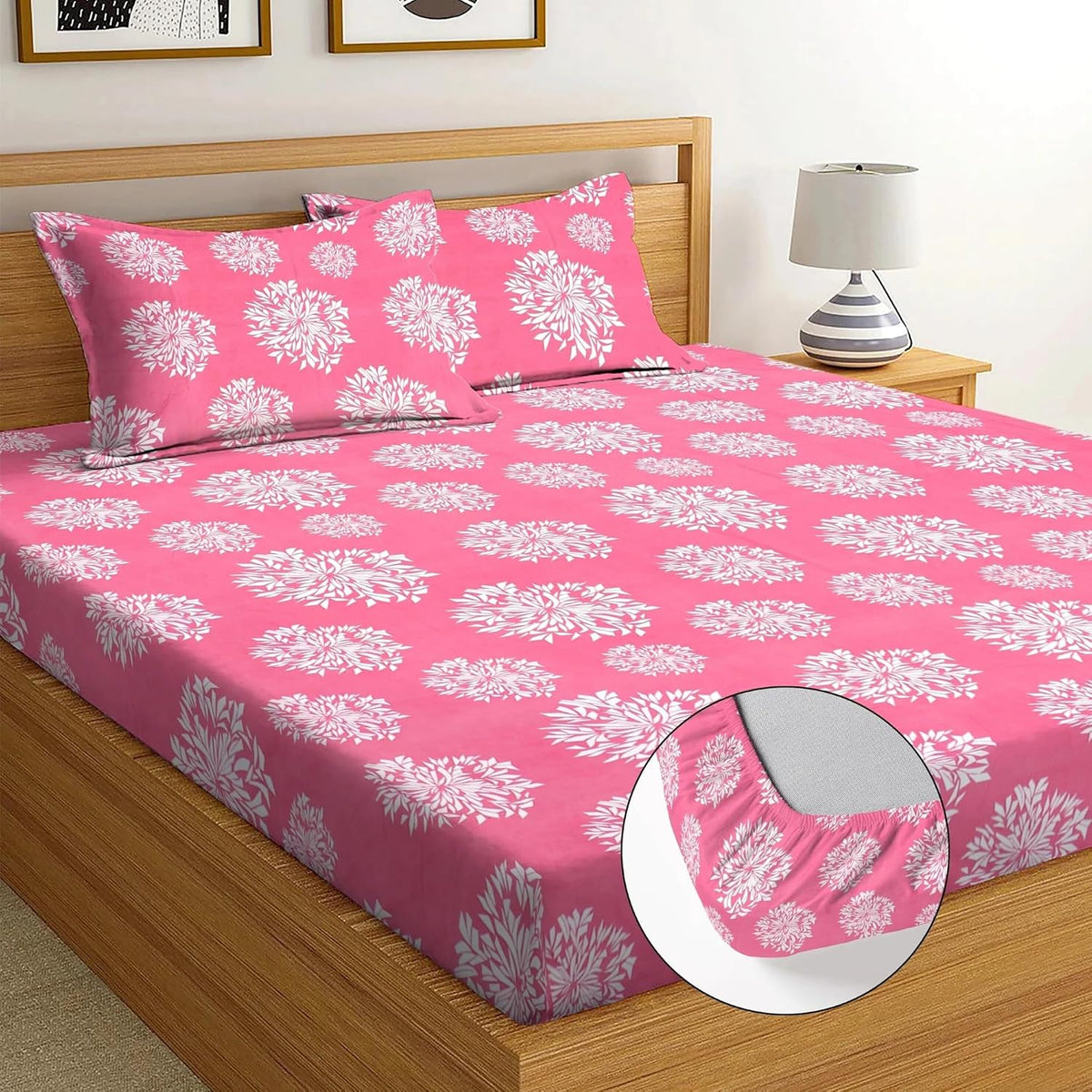 Double Fitted Cotton Bedsheet with 2 Pillow Covers | 220 Thread Count | Superfine Fabric | Botanical Print | Elastic Fitted Bedsheet for Adults | Summer Bedding