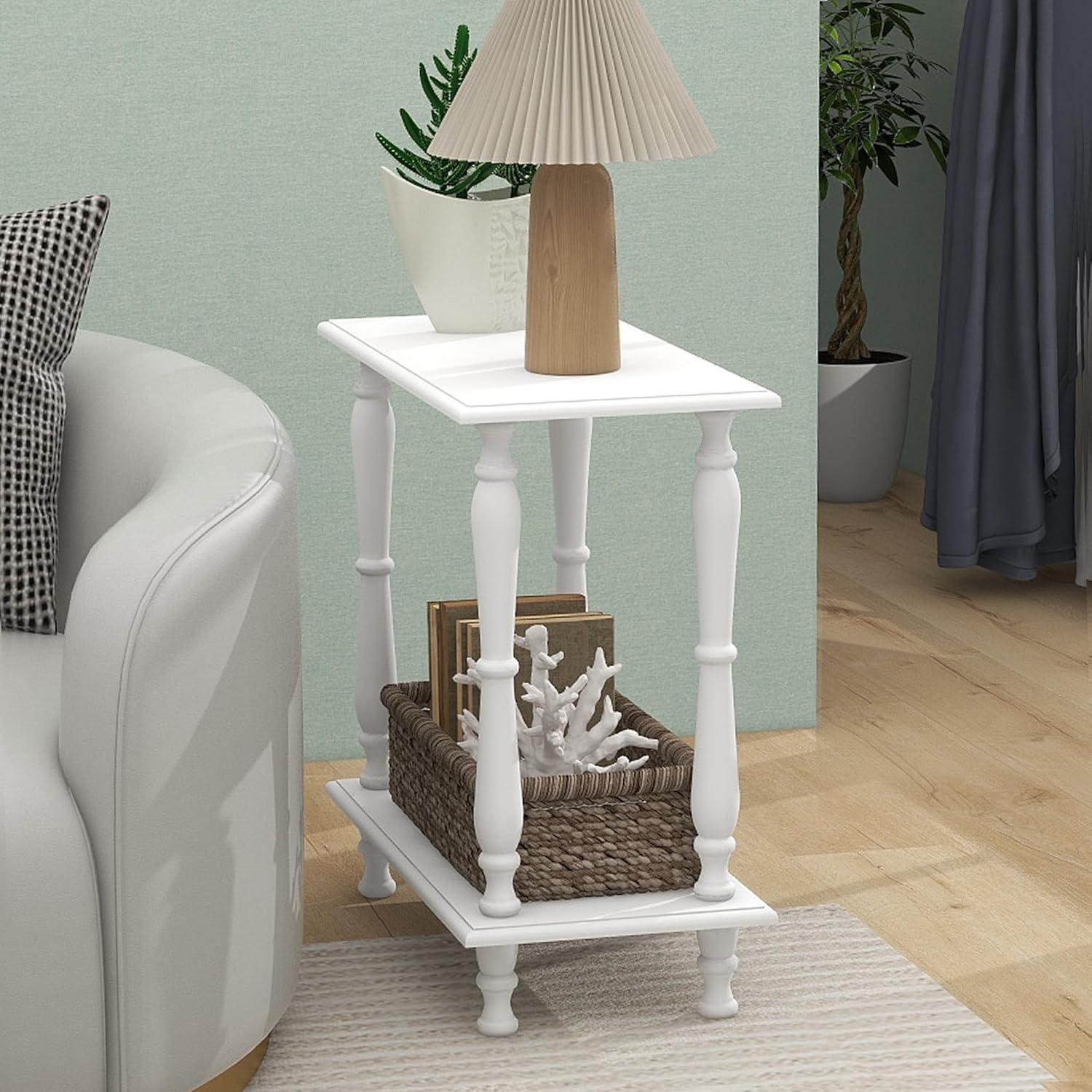 White 2-Tier Wooden Side Table – Vintage French Style for Living Room & Bedroom, Perfect for Small Spaces
