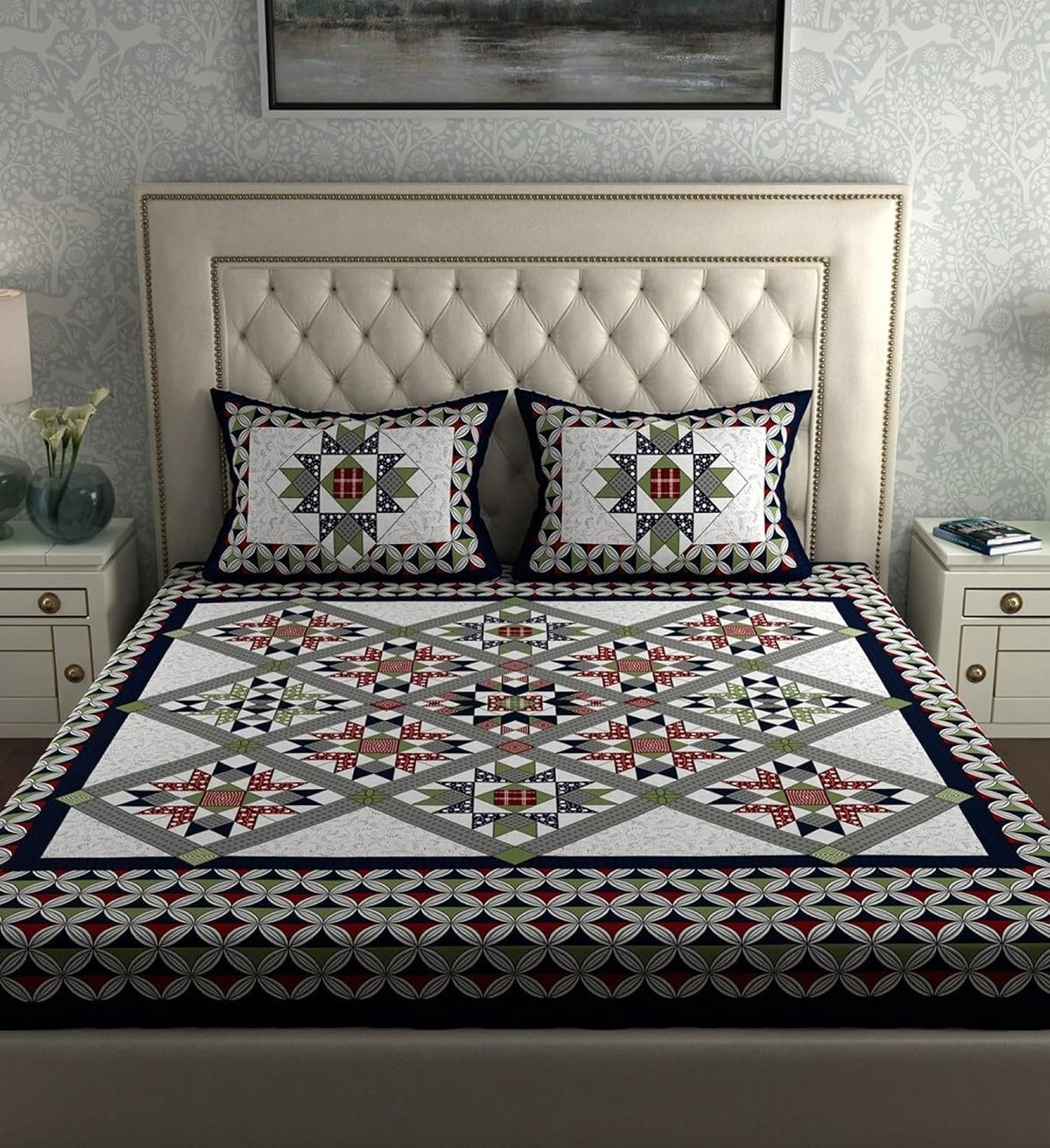 Jaipuri 100% Pure Cotton Double Queen Bedsheet with 2 Pillow Covers | 180 Thread Count | Soft & Smooth Finish | Vibrant Fast Colors | Fine Stitching | Machine Washable | 83 x 93 Inches