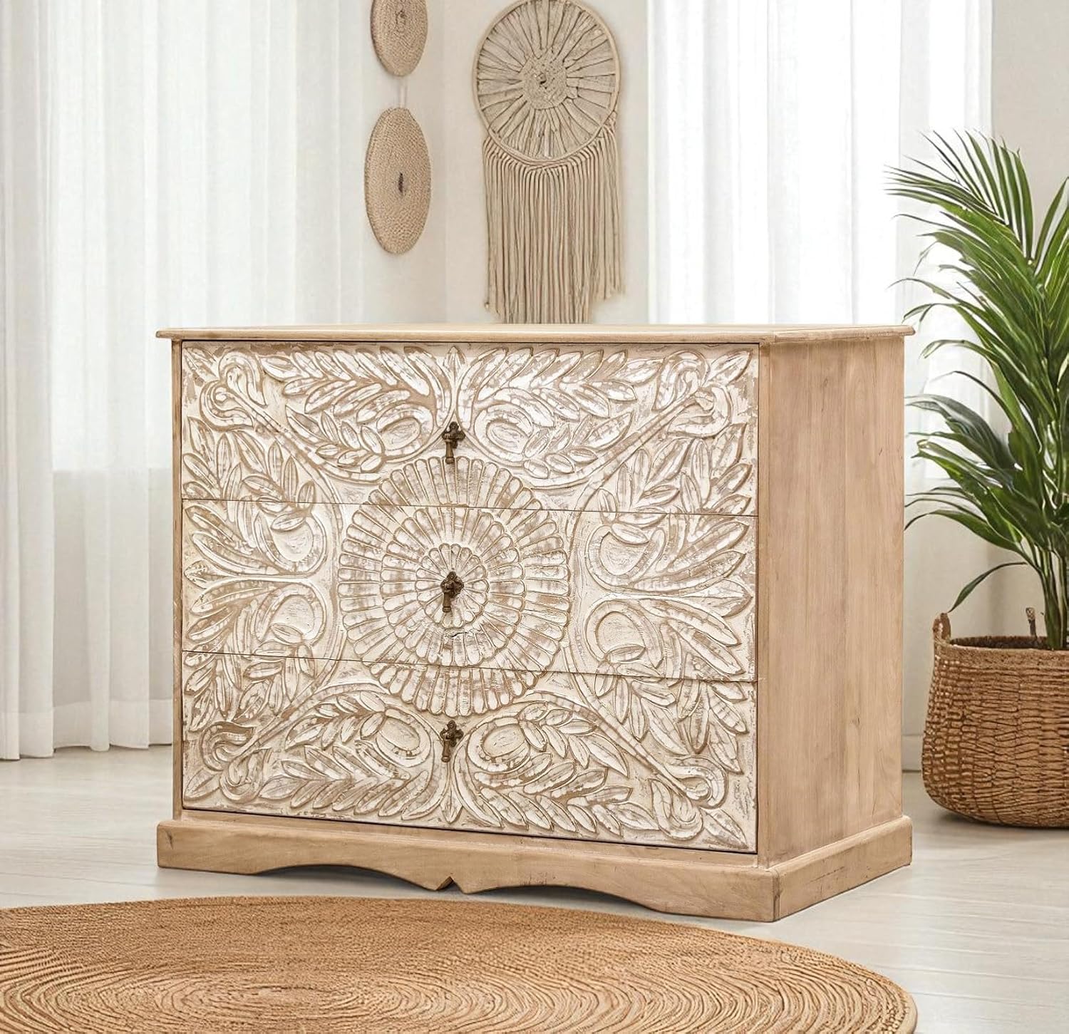 Carved Wooden Chest of Drawers – Rustic 3-Drawer Storage Cabinet for Bedroom & Living Room