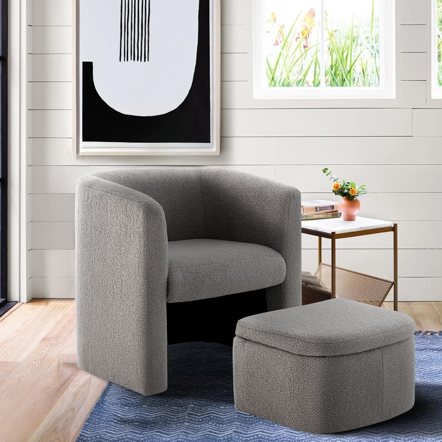 Modern Upholstered Barrel Accent Chair with Storage Ottoman