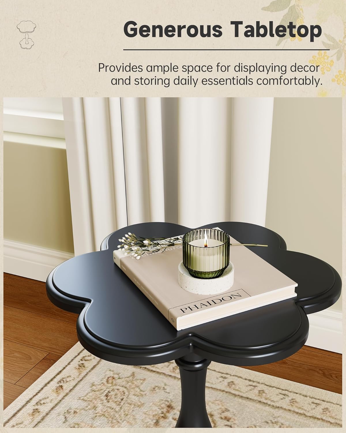 Black Solid Wood Pedestal Side Table, Flower Design Accent End Table for Sofa & Bedroom