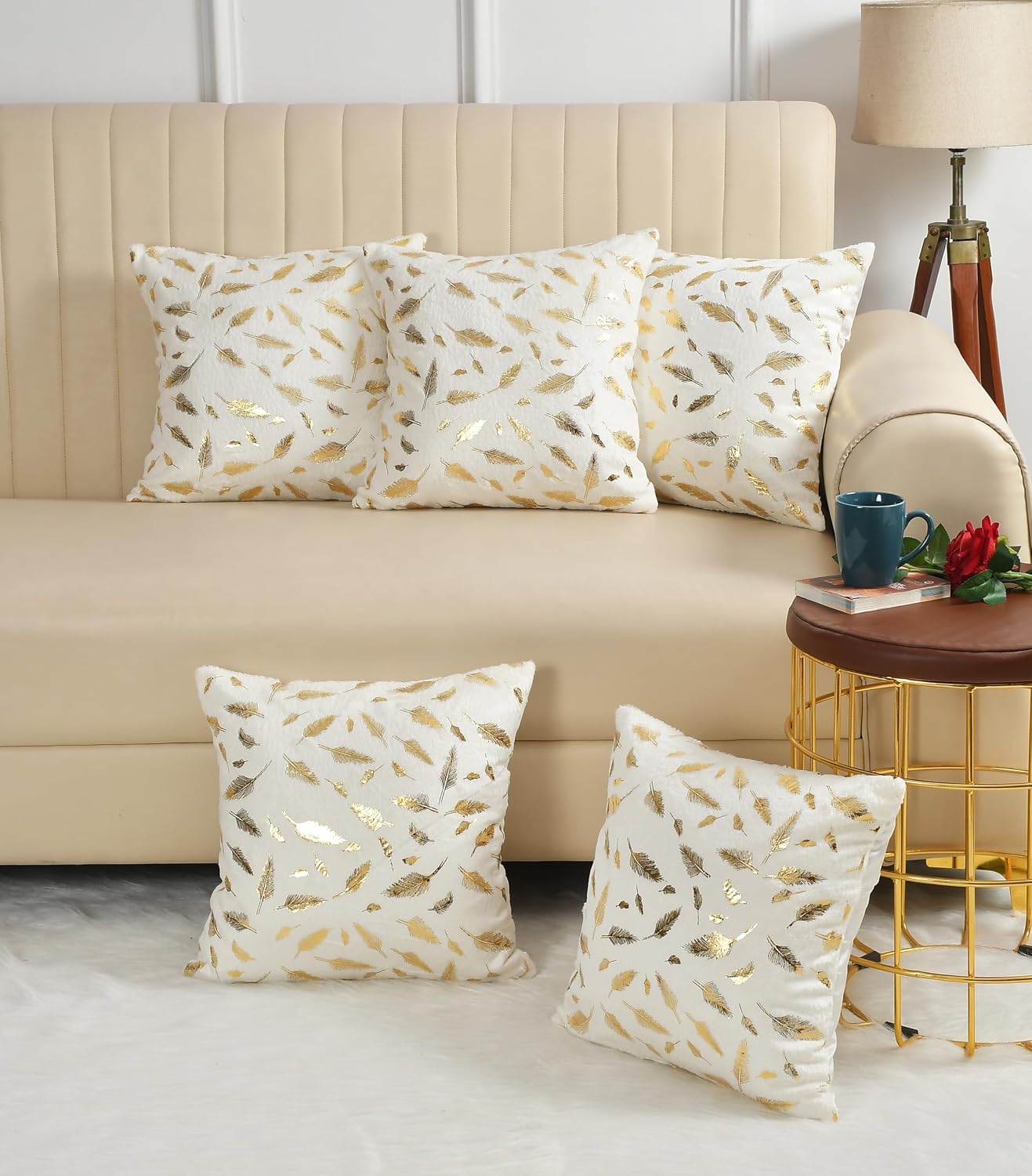Luxury Soft Chenille Cushion Covers Set of 5 Floral Feather Print Decorative Pillow Covers | White | Sofa, Couch & Bed Décor