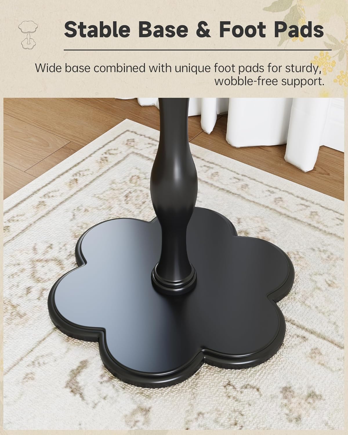 Black Solid Wood Pedestal Side Table, Flower Design Accent End Table for Sofa & Bedroom