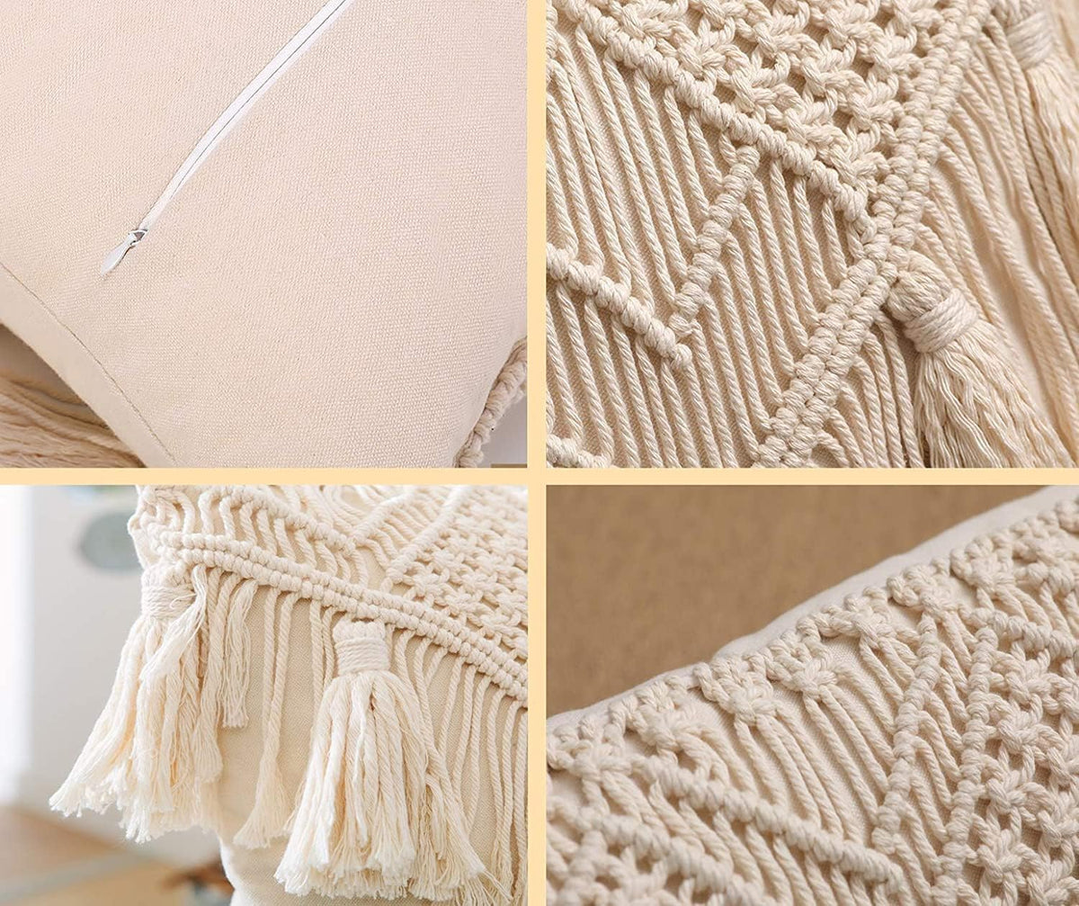 White Cotton Macrame Cushion Cover, 16 x 16 Inch, Bohemian Floral Design