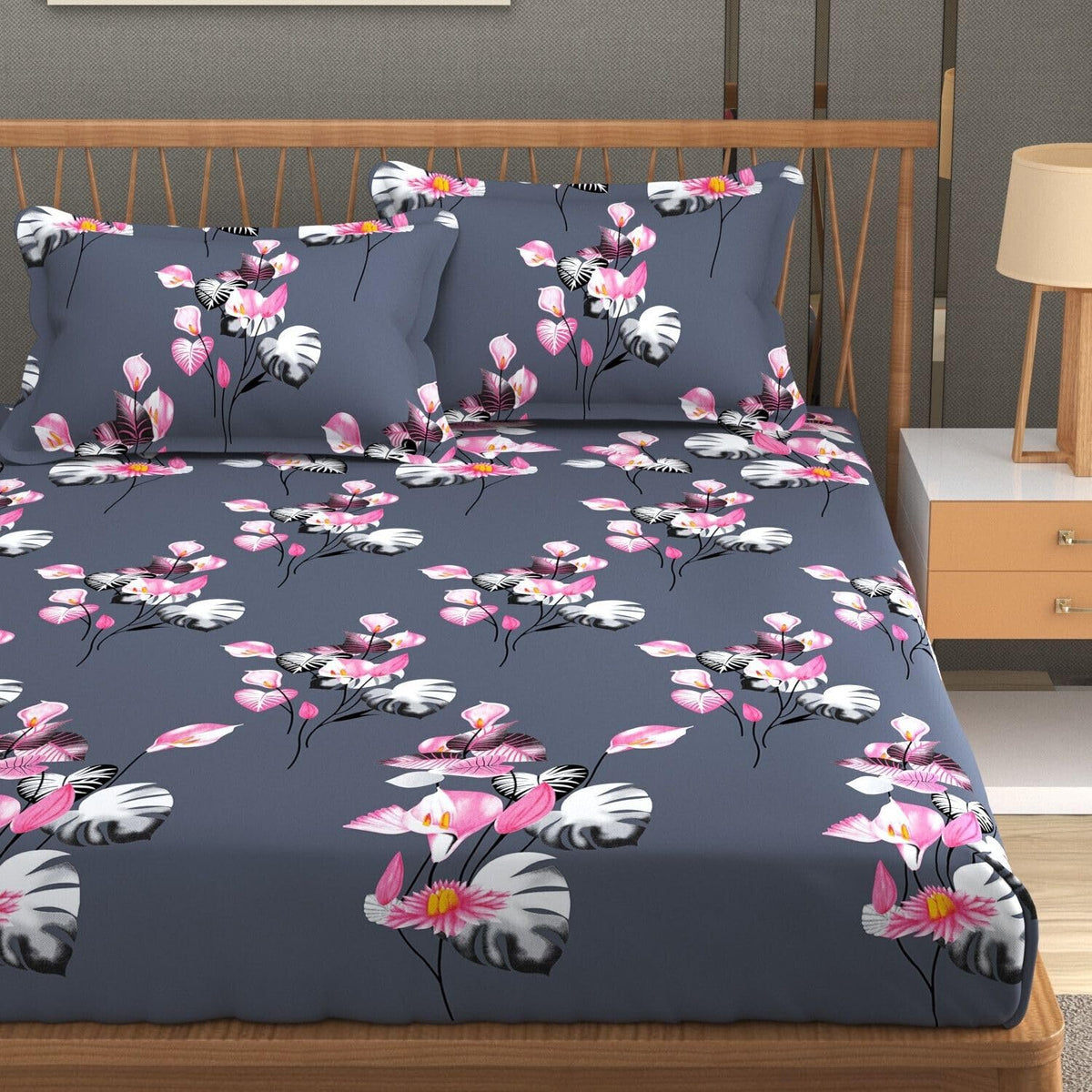 Floral Glace Cotton Elastic Fitted Bedsheet for Double King Bed | 72 × 78 × 8 Inches | 280 TC | 2 Pillow Covers