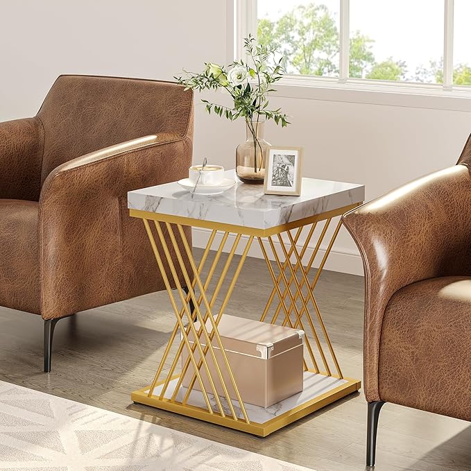 Tribesigns Faux Marble End Table White Gold, 2-Tier Small Side Table with Metal Frame, Bedside Table for Sofa, Couch, Living Room