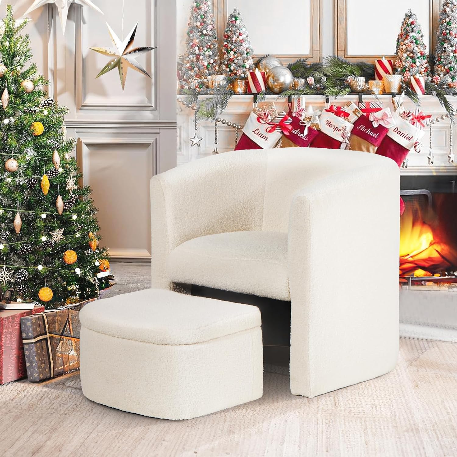 Modern Upholstered Barrel Accent Chair with Storage Ottoman