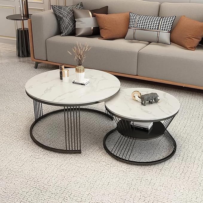 Iron Frame Faux Marbled Laminated Round Coffee Table Set of 2 Stacking Center Tables for Living Room Bedroom or Apartments (Golden White)
