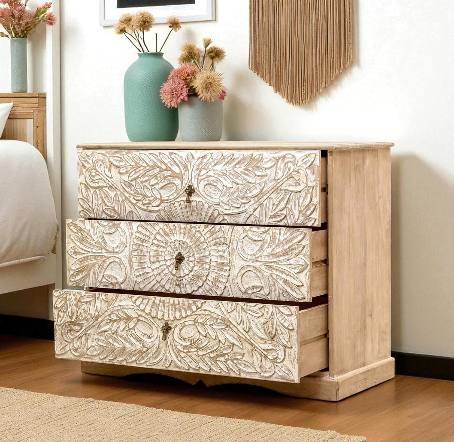 Carved Wooden Chest of Drawers – Rustic 3-Drawer Storage Cabinet for Bedroom & Living Room