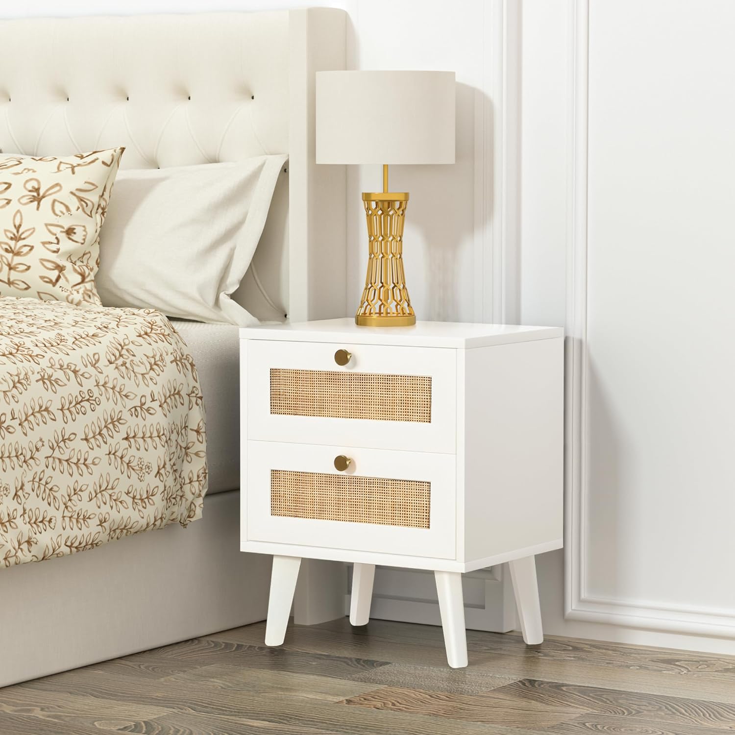 Anmytek White Nightstand, Farmhouse Rattan  Bedside Table with 2 Drawers