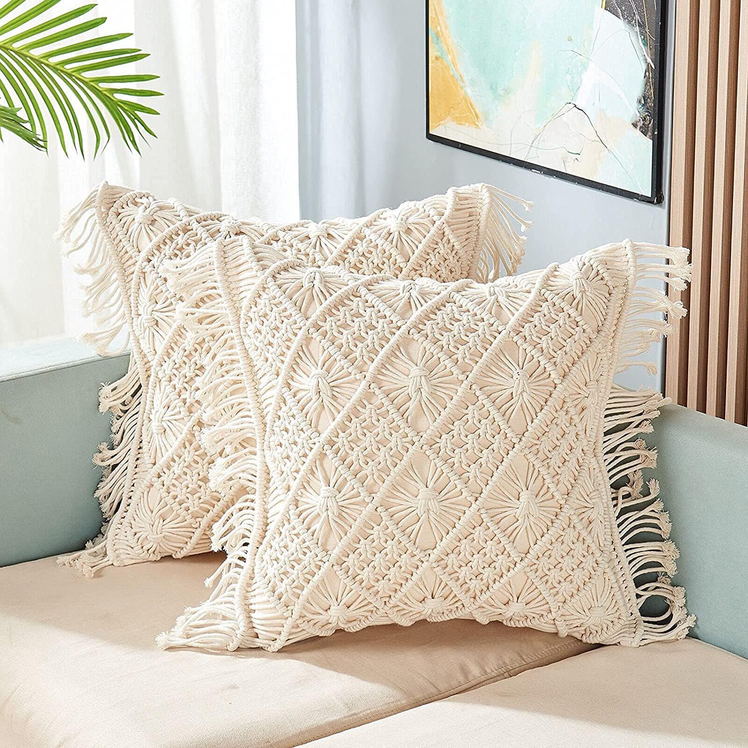 Off-White Cotton Macrame Cushion Cover, 16 x 16 Inch, Bohemian Design