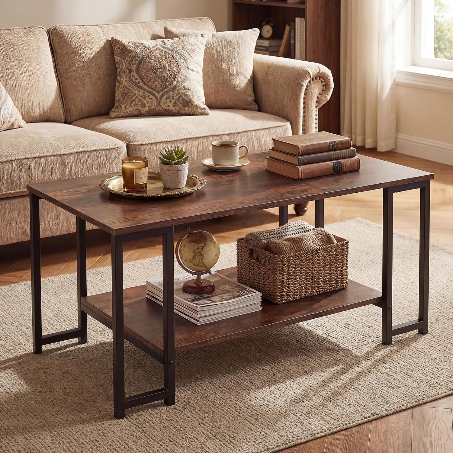 2-Tier Coffee Table with Storage, 39.5" Center Table, Gold & White/Coffee Table-Ouch Cart 