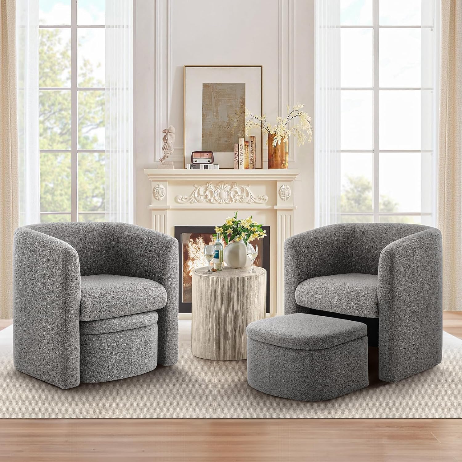 Modern Upholstered Barrel Accent Chair with Storage Ottoman  Set of 2