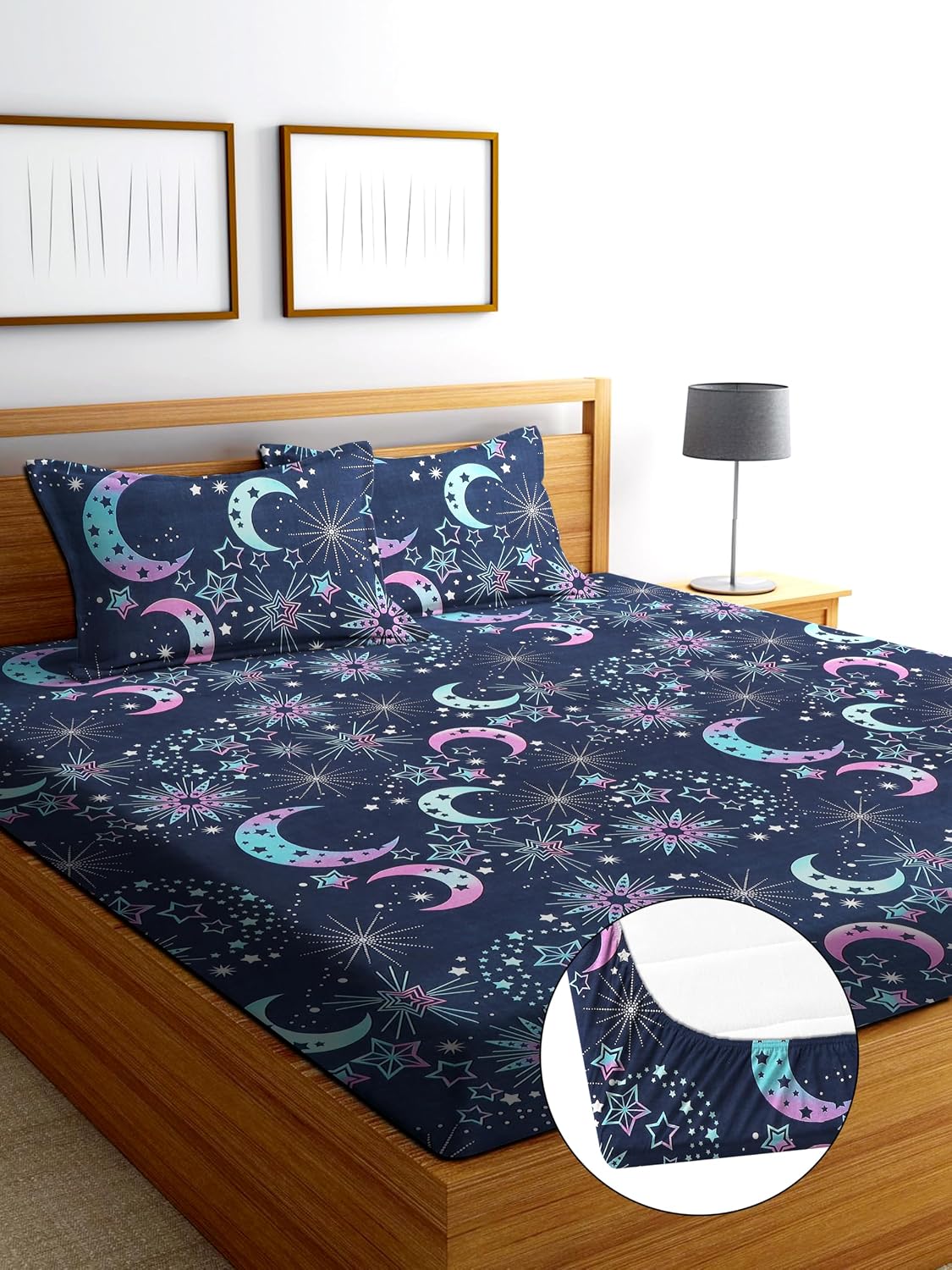Multicolour Printed Elastic Fitted Bedsheet, 78 × 72 Inches, with 2 Pillow Covers | 310 Thread Count Cotton Bedsheet Set