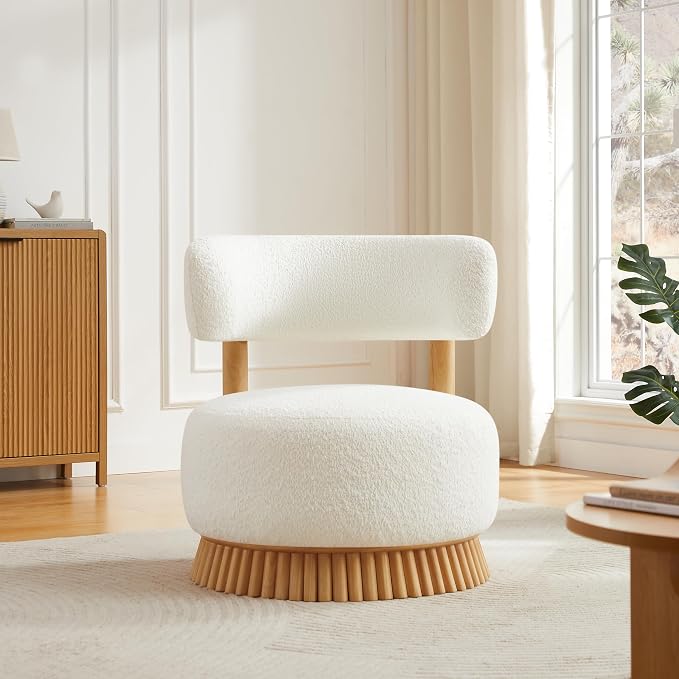Ouch Cart Modern Upholstered Accent Chair | Stylish Round Lounge Chair with Wooden Base