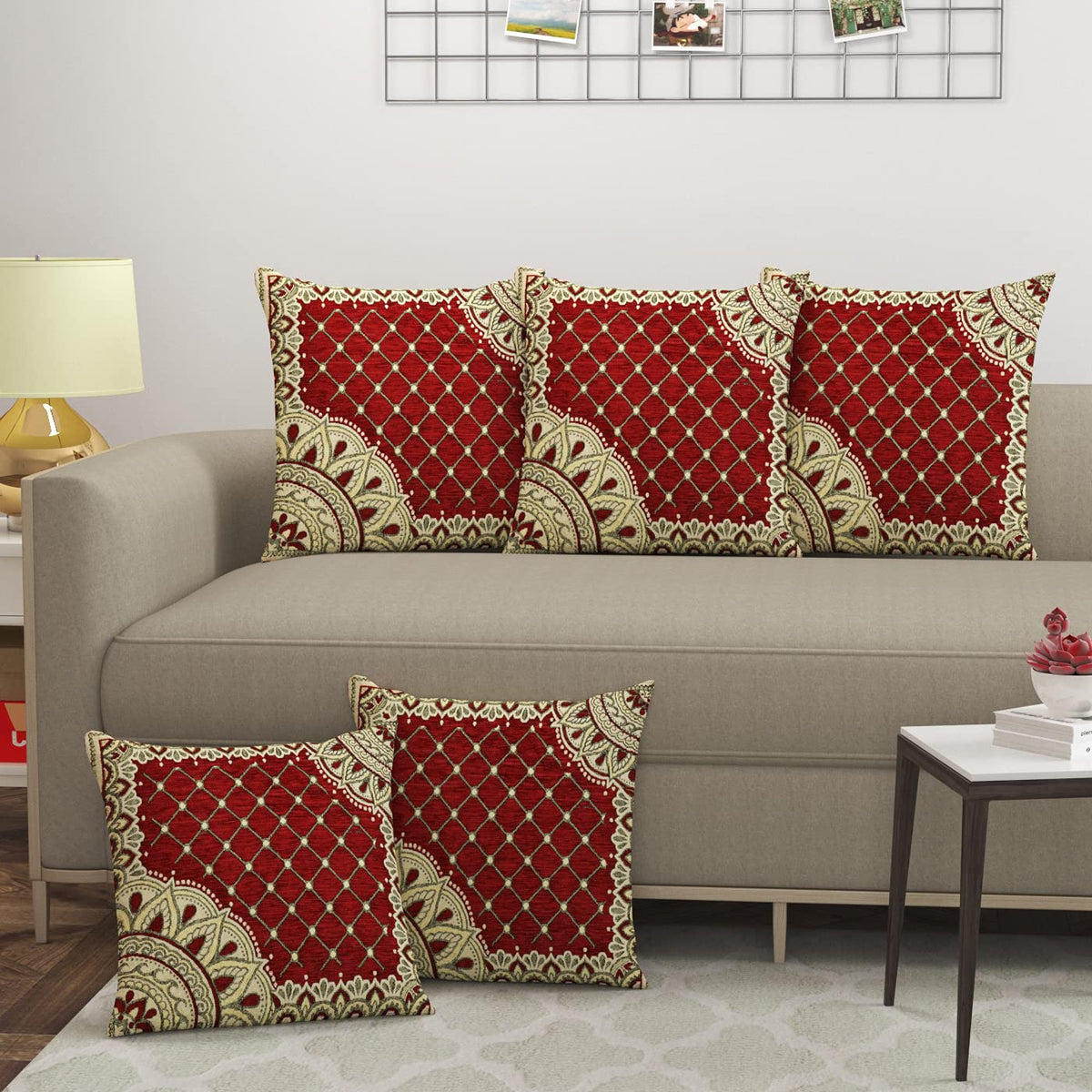 Graceful Embroidered Polyester Cushion Covers, 16 x 16 Inch, Set of 5