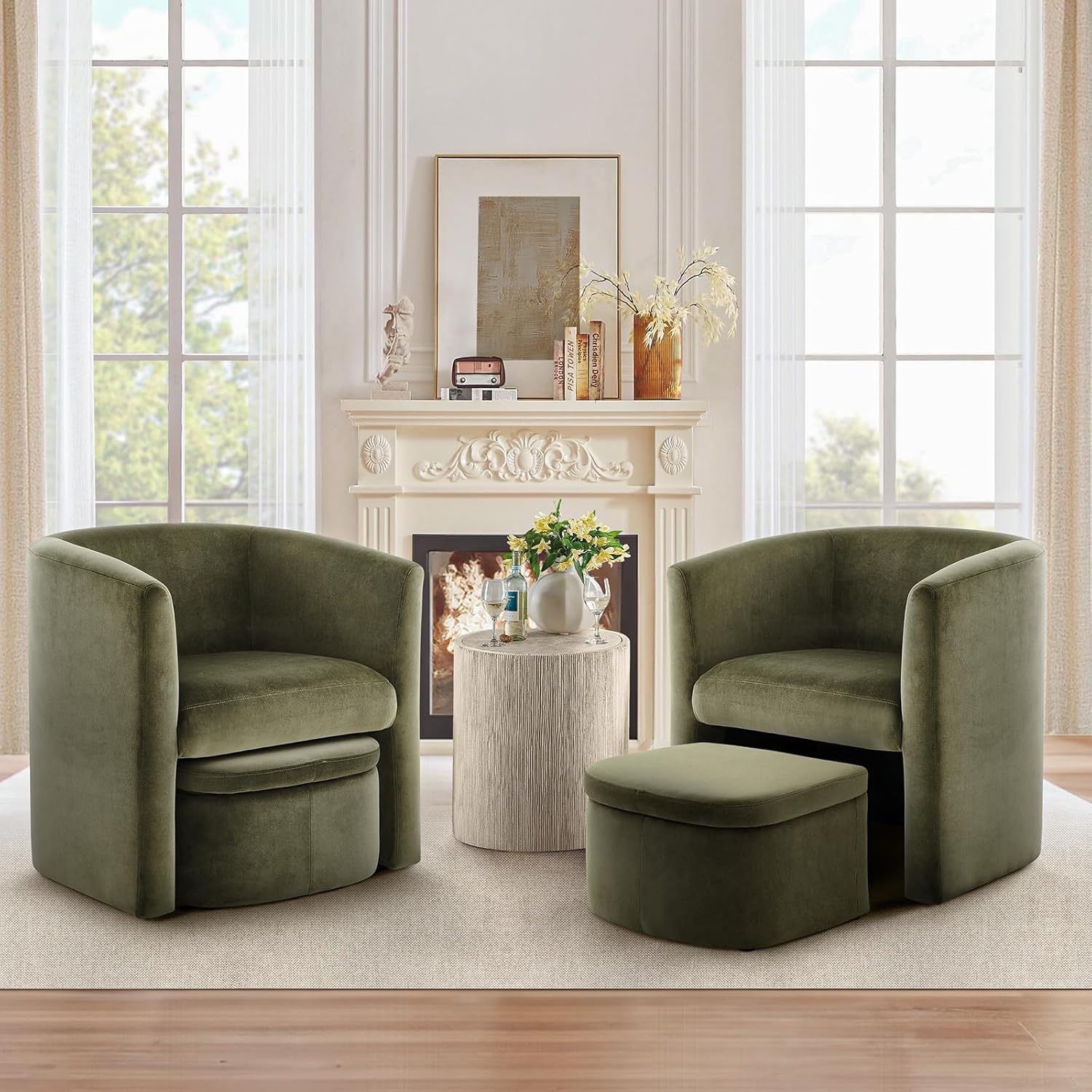 Modern Upholstered Barrel Accent Chair with Storage Ottoman  Set of 2