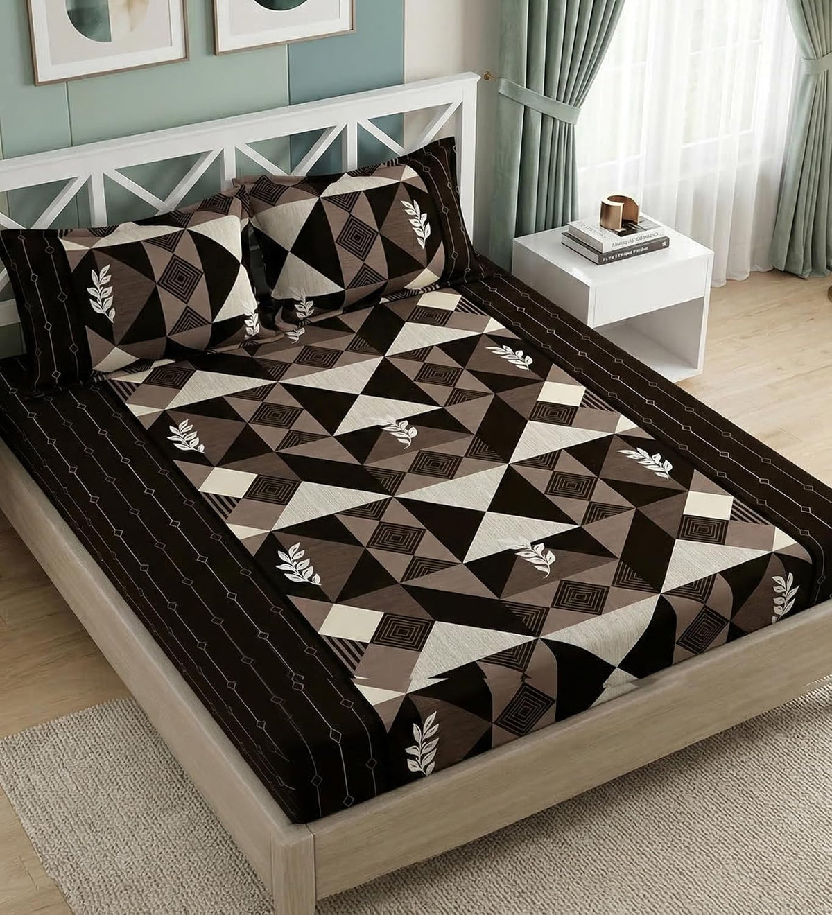 Elastic Fitted Cotton Double Queen Bedsheet with 2 Matching Pillow Covers | 320 Thread Count | Geometric Print | Soft & Comfortable Fitted Bedsheet | Summer Bedding