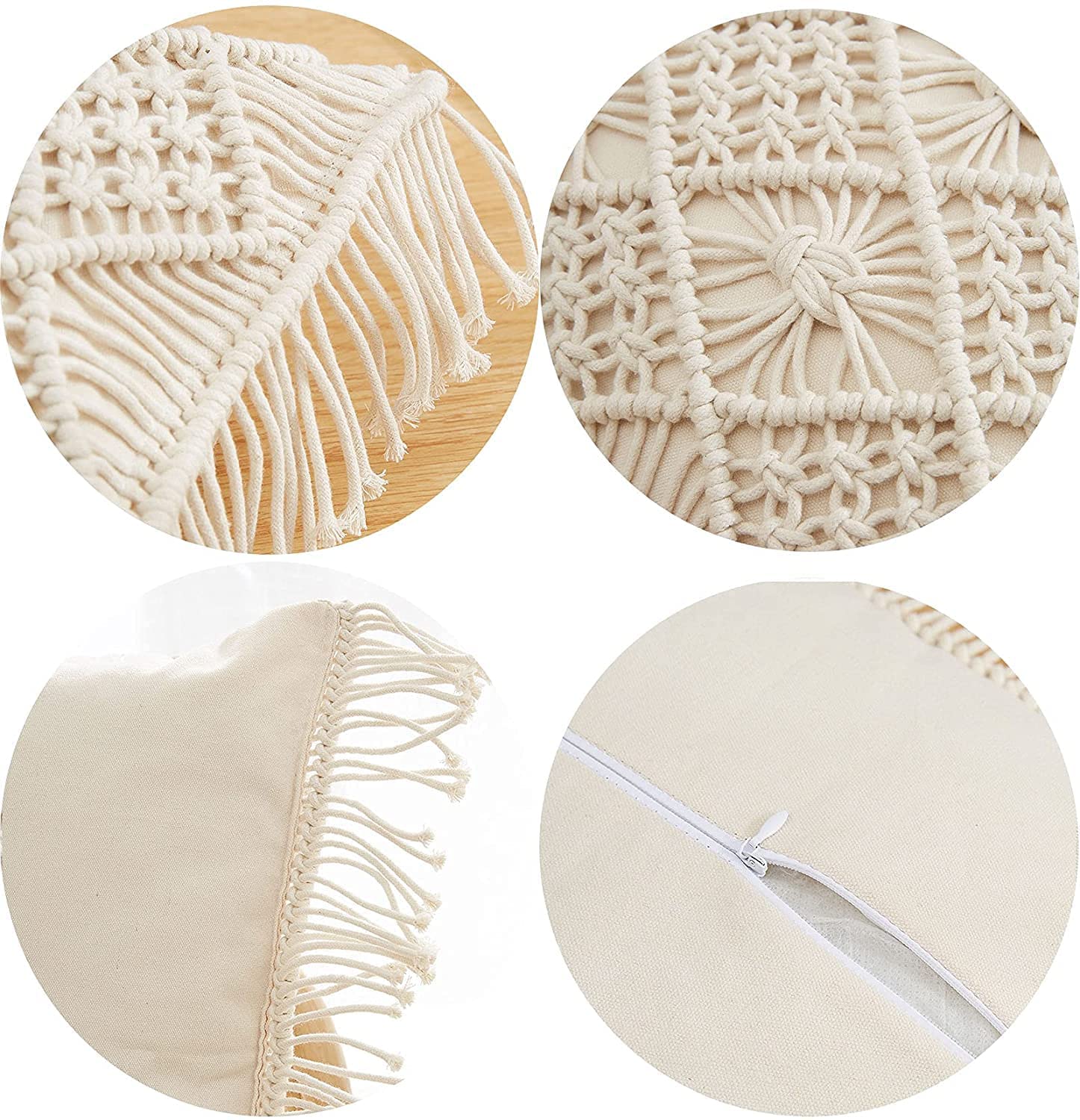 Off-White Cotton Macrame Cushion Cover, 16 x 16 Inch, Bohemian Design