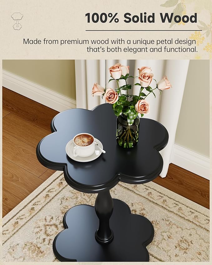 Black Solid Wood Pedestal Side Table, Flower Design Accent End Table for Sofa & Bedroom