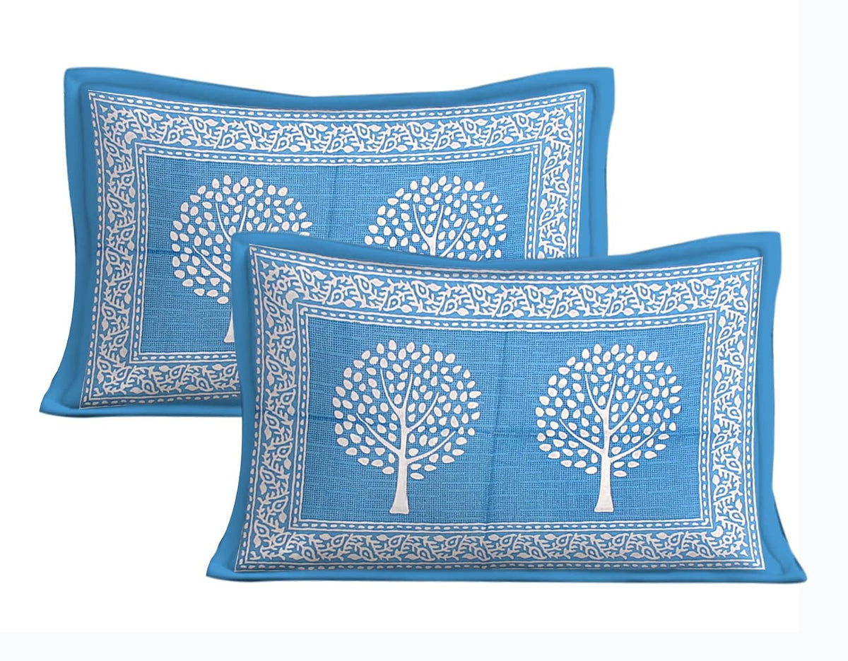 Pure Cotton Jaipuri Double Queen Bedsheet with 2 Pillow Covers | 90 x 100 Inches | 144 TC | Dark Blue Botanical Print | Soft & Breathable Flat Bedsheet
