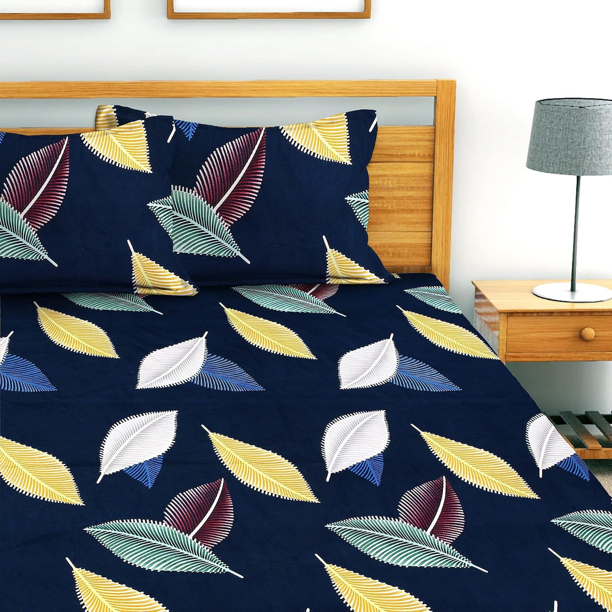 All-Around Fitted Elastic Cotton Double Queen Bedsheet with 2 Pillow Covers | 360 Thread Count | 72 x 72 Inches | Superfine Botanical Print | Fits 6–7 Inch Mattress