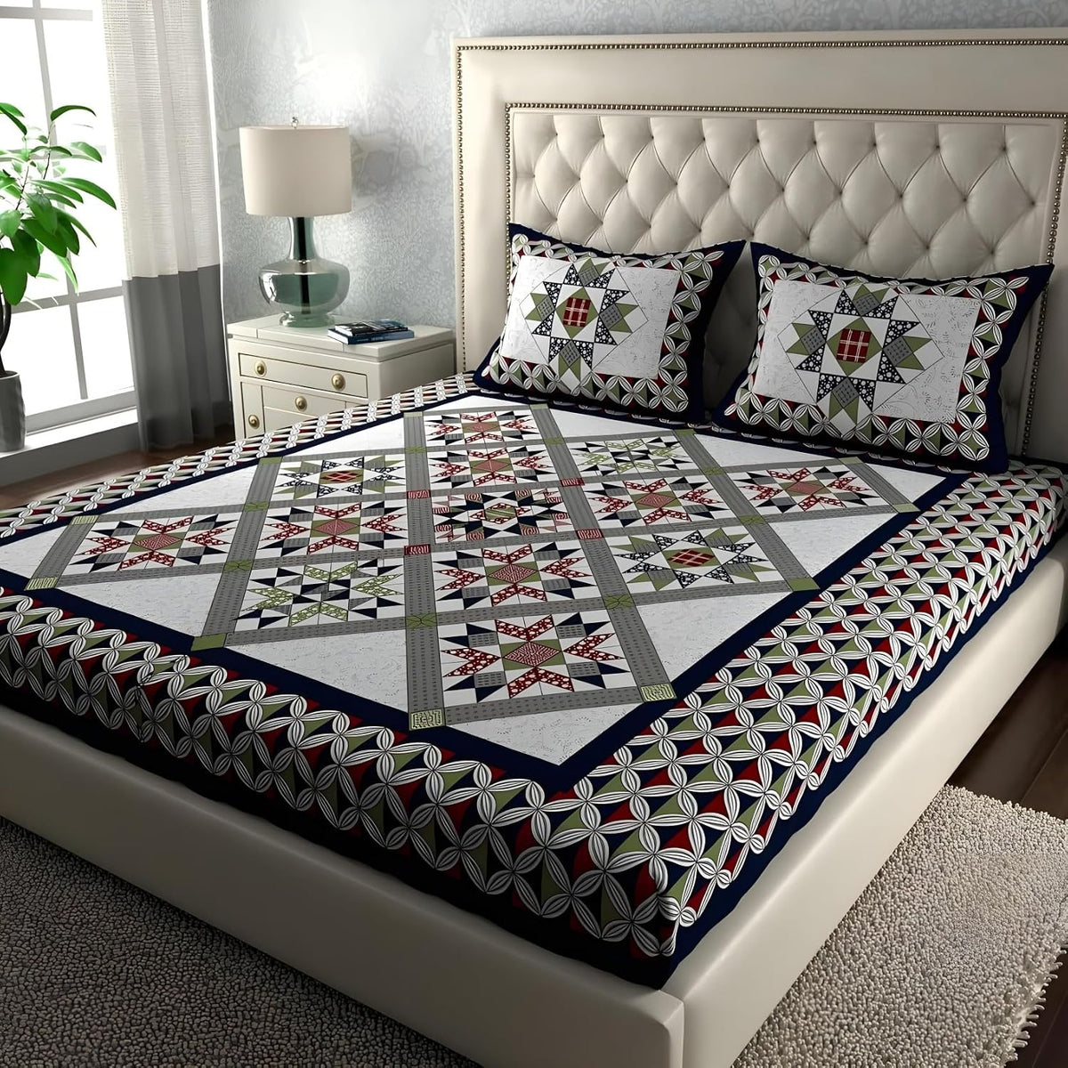 Jaipuri 100% Pure Cotton Double Queen Bedsheet with 2 Pillow Covers | 180 Thread Count | Soft & Smooth Finish | Vibrant Fast Colors | Fine Stitching | Machine Washable | 83 x 93 Inches