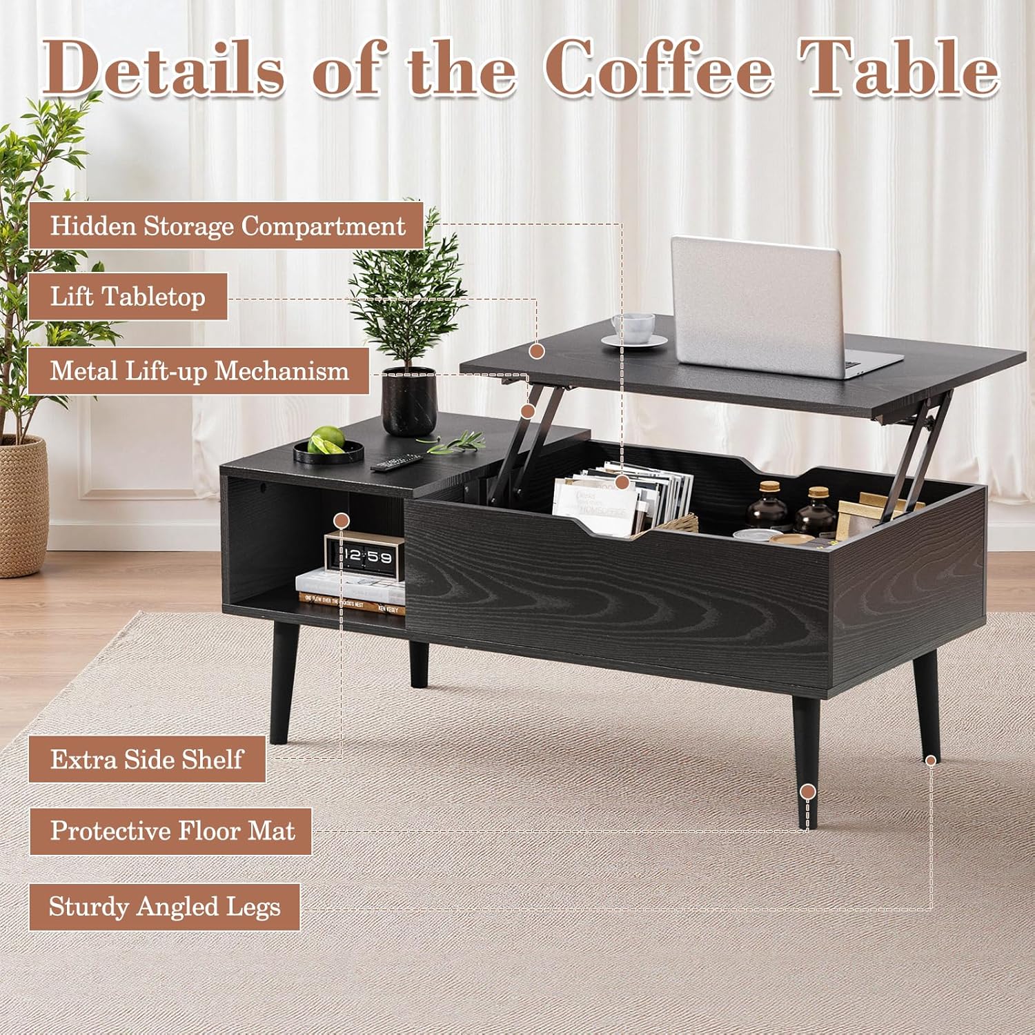 OLIXIS Wood Lift Top Coffee Table with Hidden Compartment and Large Storage Shelf, Lift Tabletop Dining Center Table for Home Living Room Office