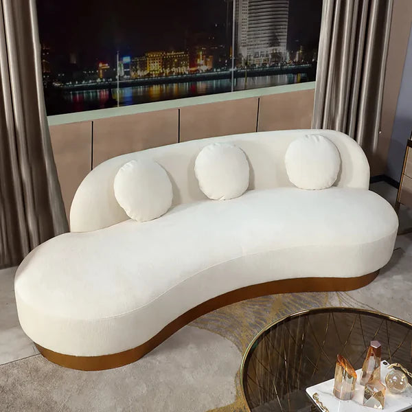 Maricel Gold Velvet Curved Sofa for 3 Seaters with Pillows & Stainless Steel Base
